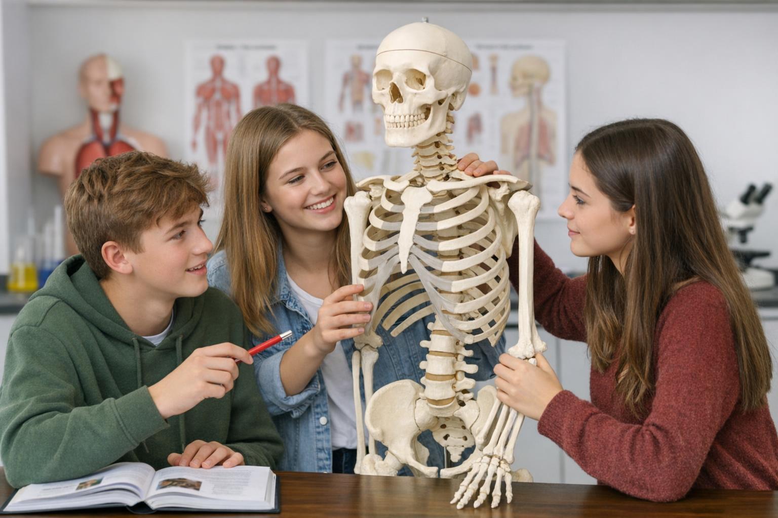 zdjęcie uczniów pracujących przy modelu anatomicznym szkieletu