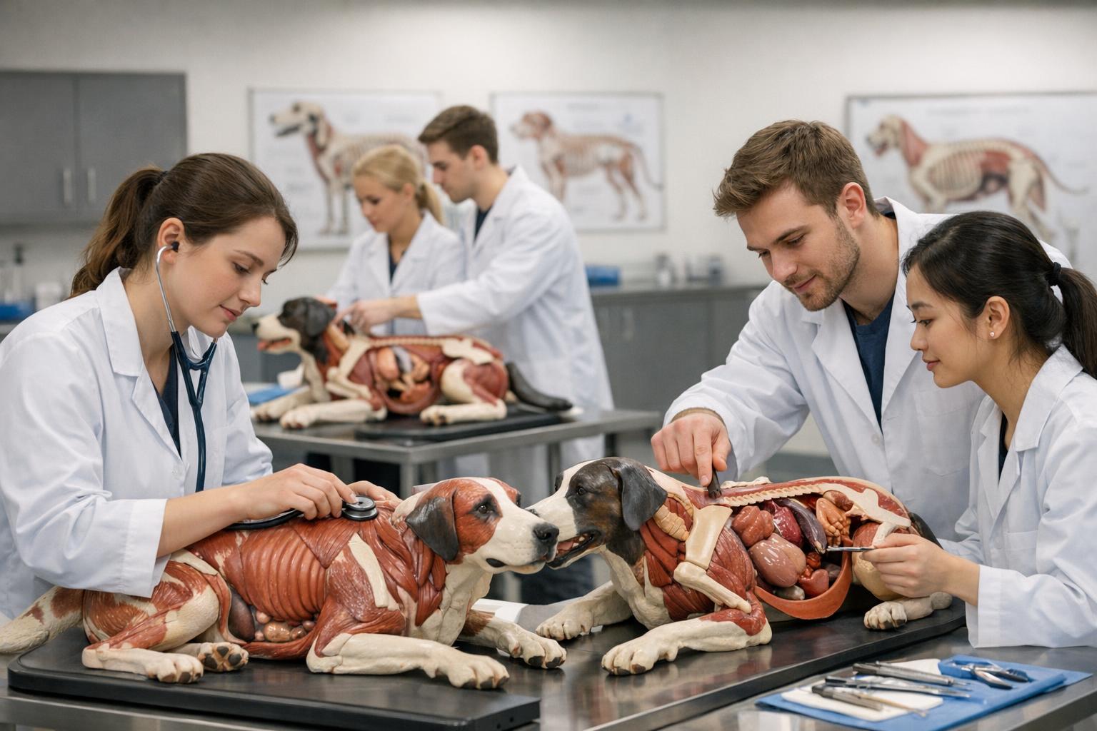 opis zdjęcia: studenci weterynarii ćwiczą na modelach anatomicznych psa