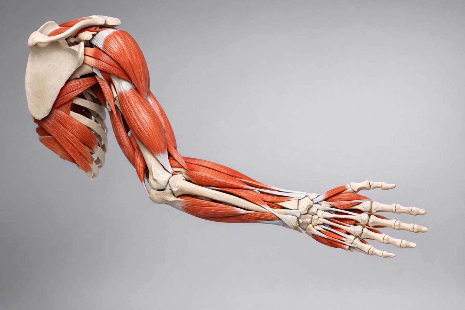 Trójwymiarowy model anatomiczny ukazujący mięśnie i kości kończyny górnej