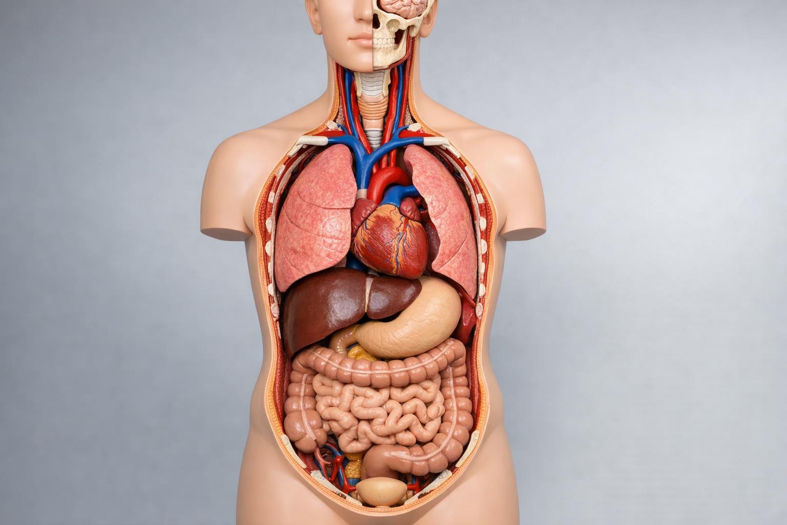 Model anatomiczny narządów wewnętrznych z widocznym sercem i płucami